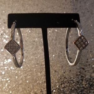 Geometric Crystal Silver Tone Hoops